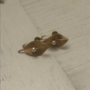 Vintage Krementz Gold Filled Leaf Earrings, Faux Pearl Screw Back